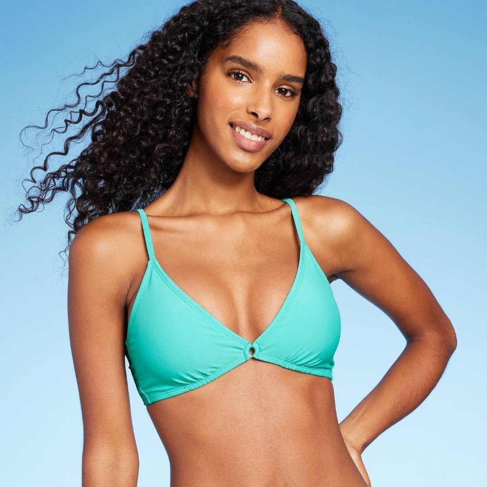 Women's Center Front Ring Triangle Bikini Top - Shade & Shore Teal Small